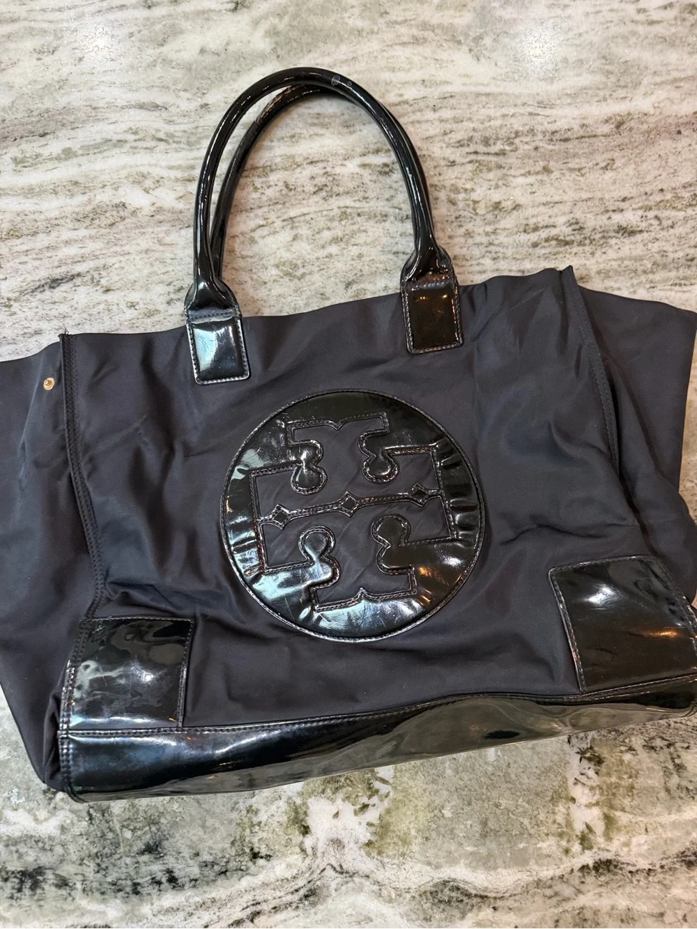 Tory Burch Black Nylon Tote with Glossy Patent Logo